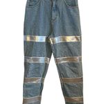 VTG 90s High Rise Blue Jeans w/ Silver Vinyl Stripes Grommet embellishment Size 6 Photo 0