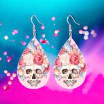 Pink Rose Flower Skull Print Dangle Halloween Earrings Bohemian‎ Faux Leather Photo 5