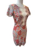 Storia Lace Mini Dress Floral Coral Blue Illusion‎ Neckline Party Cocktail Photo 2