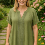 Flower & Feather Green Crepe Embroidered Blouse Peasant Boho Milk Maid 2XL Size undefined Photo 1