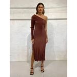 L'idee Soiree One Shoulder Long Sleeve Midi Dress in Chocolate Size 8 Brown Photo 0