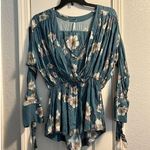 Free People Tuscan Dreams Teal Floral Long Sleeve Tunic Mini Dress Flowy XS Photo 0