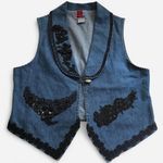 90s Vintage Western Embroidered navy blue jean denim jacket gilet vest black beading #countrychic #boho #indie Size M, Measurement in pics Size M Photo 0