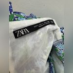 ZARA  Blue Green Floral Cropped‎ Ruffle Short Sleeve Cotton Blouse Large Photo 4