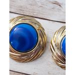 Vintage Clip On Earrings Bright Blue with Gold Tone Large Chunky Halo Statement Photo 1