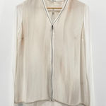 Elie Tahari 100% Silk V-Neck Zip Front Blouse Med Beige Watercolor Keyhole Back Photo 0