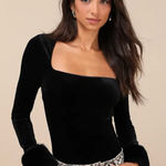 Lulus Toasty Allure Black Velvet Faux Fur Long Sleeve Bodysuit Photo 0