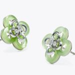 Tory Burch New  Kira Clover Stud Earrings in Green and Silver on TB Earring Card Photo 3