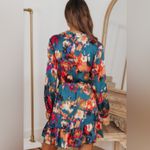 NEW Deep Turquoise Abstract Multicolor Print Belted Ruffle Satin Mini Dress Size XL Photo 2