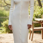 525 America Ribbed Knit Maxi Dress Button Front Long Sleeve, Chalk, Size S, NWT Photo 0