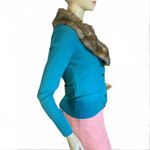 CAbi TEA ROOM TEAL KNIT W/BROWN FAUX FUR DETACHABLE COLLAR CARDIGAN SWEATER (XS) Photo 2
