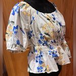 EXPRESS  Floral Square Neck Puff Sleeve‎ Peplum Top Blouse Blue Yellow Size Large Photo 8