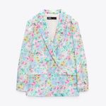 ZARA  Women’s Floral Blazer Small Blue Pink Yellow Flowers NWOT‎ Jacket Photo 2