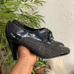 Y2K Preppy Academia Goth Tweed Leather Lace up Oxfords Lace up Mary Janes Heels Boots Loafers Booties Brogues Cap Toe School Girl Shoes Dark Black Gray #whimsygoth Photo 1