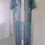 Vintage ‘80s Lady Cameo Dallas Teal Floral Print Sheer Maxi Duster Robe Blue Size M Photo 0