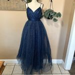 Spellbinding Beauty Navy Glitter Sleeveless Tulle Gown Blue Size M Photo 2