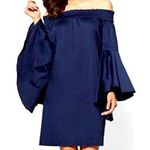 NWT XS Navy Blue Sheath Off the Shoulder Dress Bell Flare Sleeves Eyelet Neck Photo 1