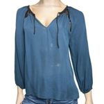 Ramy Brook Women’s Size XS Blue Black Silk Tie Front Long Sleeve Top Blouse Photo 0