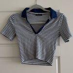 ZARA Blue and White Striped V Neck Polo Collared Cropped Baby Tee Photo 0