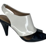 Ann Taylor Taupe Black Patent Leather Spats Style Peep Toe Heels Sz 6M Occasion Photo 0