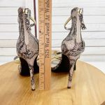 Bebe  Berdine Y2K Snakeskin Gold‎ Band Strappy Sandals Heels Tan Brown 8 Photo 7