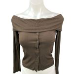 Princess Polly  Parveen Brown Ribbed Off Shoulder Long Sleeve Crop Top Blouse 4 Photo 4