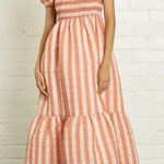 Anthropologie dRA | XS |Organza Midi Dress in Peach Stripe Smocked Balloon Slee Photo 0