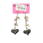 Betsey Johnson New Long Dangle Black Puff Heart Crystal Rhinestone Gold Earrings Photo 1