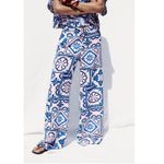 ZARA  NWT Geometric Print Palazzo Wide Leg Pants Large Blue Pink White Beach Photo 3