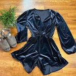 Fraiche by J Womens Small Blue Velvet Long Sleeve Ruffle Shorts Romper Retro Photo 0