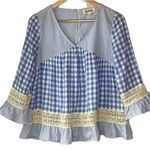 Listicle Vintage Gingham Checkered Babydoll Blouse Lace Trim Photo 2