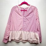Free Assembly Striped Long Sleeve Ruffle Hem Womens Cotton Top Size XL Pullover Pink Photo 0