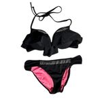 PINK - Victoria's Secret Victoria’s Secret PINK Black Push Up Ruffle Studded Rhinestone Cheeky Bikini Photo 1