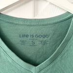 Life is Good NWT Spruce Green Christmas Cat Jolly Enough V Neck Longsleeve Small Photo 3