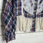 POL  Plaid Peace Patchwork Lace Button-Up Shirt Blue Boho Cottagecore Small Photo 8