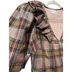 Saylor New Ilene Metallic Ruffle Peplum Puff Sleeve Blouse Pink Plaid Print L Photo 5
