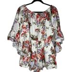 LPA  Romper Size Medium Women's Linen Blend Bell Sleeve Short Floral Romper Ivory Photo 2