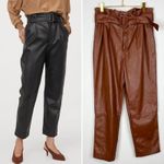 H&M ‎ Brown Vegan Leather Belted Paper Bag Trousers Tapered Pants Size 6 Photo 1