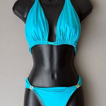 Aqua Blue Bikini Set Gold Halter Top Brazilian Cut Bottom sz S (D cup) Luxury Photo 0
