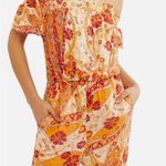 Free People  60s Inspired Carmen Flared Off Shoulder‎ Gold Floral Jumpsuit S Boho Photo 6