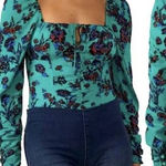 Free People NWOT Hilary Green Floral Puff Sleeve Square Neck Top Sz. Small Photo 0