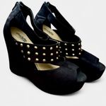 Stylish Black Suede Chunky Wedge Sandals With Gold Studds Size 9 Photo 1
