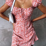 Motel Rocks MOTEL Galaca Ruched Mini Dress in Ditsy Butterfly Peach Pink & Red Size XL Photo 0