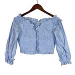 ZARA Smocked Off The Shoulder V Neck Crop Top Ruffle Puff Long Sleeves L Blue Photo 1