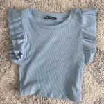 ZARA  Light Blue Ribbed Crop Top Ruffle Sleeves Size Small Photo 0