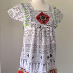 White & Black Tasseled Square Neck Short Sleeve Blouse Made in Thailand Size XS Photo 2