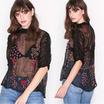 Free People  • So In Love Embroidered Blouse black sheer chiffon pink sequin bead Photo 7