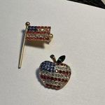 Lot Of 2 Brooch Pins American Flag / Apple Red White & Blue Patriotic Gold Photo 0