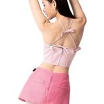 Vietnamese Pastel Pink Rose Bow Ribbon Halter Satin Corset Crop Top Blouse Photo 3