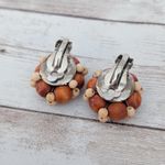 Vintage Clip On Earrings Brown & Tan Wooden Cluster Photo 3